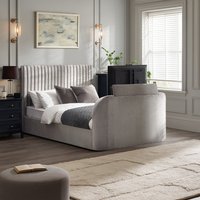 Croft - Double - TV Bed with Storage Compartment - Light Grey - Velvet - 4ft6 - Happy Beds